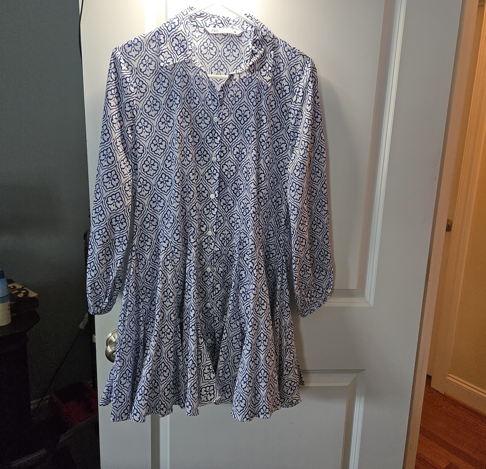 Zara Navy & White Printed Long Sleeve Shirt Dress